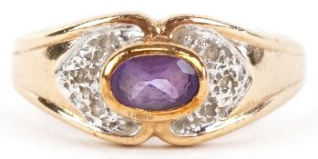 A 9ct gold amethyst solitaire ring with diamond set shoulders, size O, 3.0g.