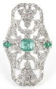 An Art Deco style silver emerald and diamond panel ring, total diamond weight 1.90 carat, total
