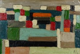 Manner of Nicolas de Staël - Abstract composition, French school oil on board, framed, 47cm x 69cm.