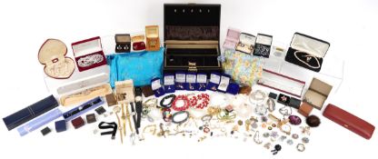 Antique and later costume jewellery including wristwatches, necklaces, brooches, earrings and