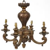 An early 20th century Neo Classical Revival bronze four branch ceiling light, with leaf and scroll