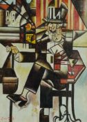 Manner of Juan Gris - Abstract composition, gentleman sitting in a bar, Cubist school oil on