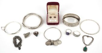 Antique and later silver and white metal jewellery including silver bangles, a silver Belcher link
