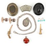 Antique and later jewellery including a Victorian jet cameo brooch, an enamelled Greek key design