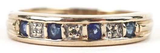 A 9ct gold sapphire and diamond half eternity ring, total diamond weight approximately 0.02 carat,