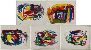 Five abstract compositions, mid 20th century British school oils on board, all by the same hand,