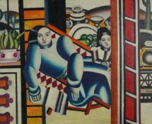 Manner of F. Léger - Abstract composition, geometric shapes with figures, French Impressionist oil