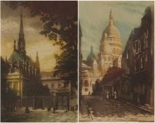 A pair of 19th century hand coloured engravings, street scenes, each indistinctly signed, frame