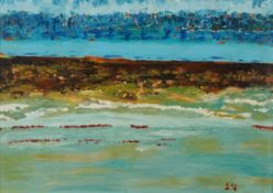 Abstract coastal landscape, 20th century continental school oil on board, initialled, framed, 40cm x