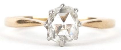 An 18ct gold and platinum rose cut diamond solitaire ring, the diamond approximately 6.31mm x 5.20mm