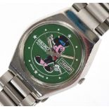 A Seiko automatic wristwatch having a Mickey Mouse design dial with day/date aperture, the case