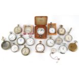 A collection of vintage gentlemen's pocket watches, travel watches and stopwatches including