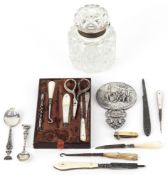 Antique and later objects including two silver spoons, a cut crystal dressing table jar, mother of