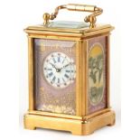 A miniature brass cased carriage clock having Sèvres type panels hand painted with landscapes, the