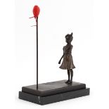 After Banksy, a patinated bronze study of a girl with red heart shaped balloon, raised on a black