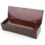 A late 19th century Swiss rosewood and boxwood line inlaid cased cylinder music box, 13cm H x 53cm W