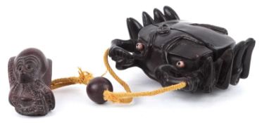 A Japanese carved wood two section inro in the form of a crab and octopus having an inset mother