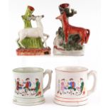19th century and later Staffordshire pottery comprising two frog mugs and two spill vases in the