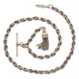 Antique unmarked silver Albertina watch chain with tassel charm, dog clip clasp and T bar, 42cm in