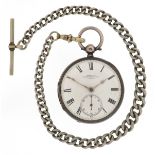 Victorian gentlemen's silver key wind open face pocket watch having enamelled dial with Roman