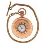 Tegra, gentlemen's gold plated top wind half hunter pocket watch having enamelled dial with Roman