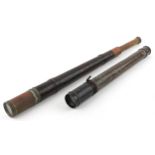Moss Jacob leather bound brass single draw telescope together with part one other telescope, the