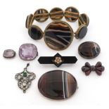 Antique jewellery including a Scottish agate panel bracelet and silver mounted brooches, a Victorian