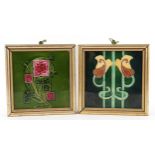 Two Art Nouveau pottery tiles with floral tube lined decoration, framed, overall 17cm x 17cm.