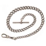 Antique graduated silver watch chain with T bar and dog clip clasp, 28cm in length, 20.2g.