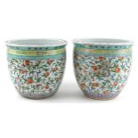 Large near pair of Chinese export porcelain fish bowl planters hand painted with fruit on vines,