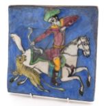 Antique Persian pottery tile hand painted with an archer on horseback, 20cm x 20cm.