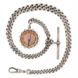 Antique graduated silver watch chain with dog clip clasp, T bar and a bloodstone compass charm, 31cm