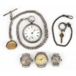 Antique wristwatches, two silver cased, together with an AWW Co. Waltham Mass. open face pocket