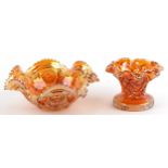 Moulded carnival glass fruit bowl and pedestal bowl, the largest 30cm in diameter.
