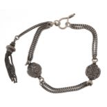 Antique white metal Albertina watch chain with tassel charm, 26cm in length, 11.8g.