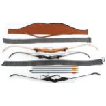 Three archery long bows including Amey XGS with a small selection of arrows, the largest 160cm in