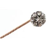 Antique unmarked gold old cut diamond stickpin, 6.7cm high, 2.0g, housed in a fitted Mappin & Webb