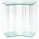 Pair of contemporary glass plant stands with column supports, 76cm H x 30cm W x 30cm D.