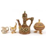 Zsolnay Pecs, Hungarian porcelain including a reticulated tripod jar and cover, coffee pot and two