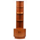Mid century G Plan teak open corner cabinet with cupboard doors to the base, 199cm H x 64cm W x 46cm