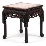 Chinese carved hardwood plant stand with marble top, 47cm H x 41.5cm W x 41.5cm D.