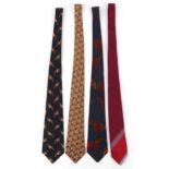 Four silk ties comprising Hermès 7661TA Jockey pattern, Polo Ralph Lauren and Giorgio Armani.