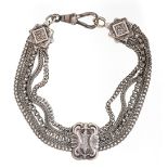Antique white metal Albertina five strand watch chain with silver dog clip clasp, 20cm in length,