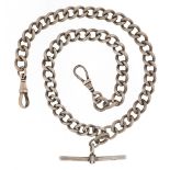 Antique silver watch chain with dog clip clasps and T bar, 39cm in length, 51.3g.