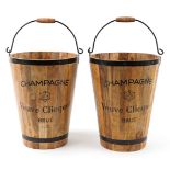 Pair of Veuve Clicquot style hardwood Champagne ice buckets, each with metal mounts and swing