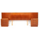 Pair of mid century teak G Plan headboard with a pair of three drawer bedside chests, 254cm in