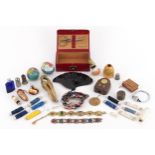 Antique and later sundry items including faux tortoiseshell fan guards, red leather sewing kit
