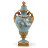 Charles Baldwyn for Royal Worcester, early 20th century twin handled baluster vase and cover hand