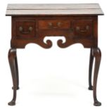 Georgian oak lowboy fitted with three drawers, raised on cabriole legs, 72cm H x 74cm W x 49cm D.