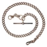Antique silver watch chain with dog clip clasp and T bar, 38cm in length, 34.0g.